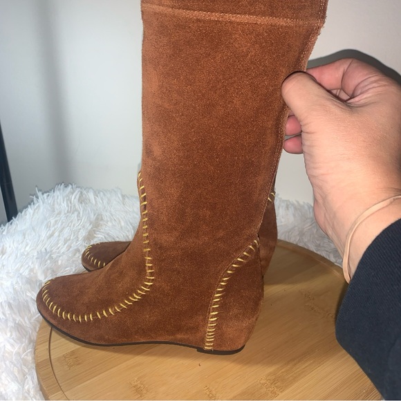 Aldo Boots Suede Women’s Size 36 US 6 Brown 16” Wedge Heel Embroidery Beads - Picture 4 of 7